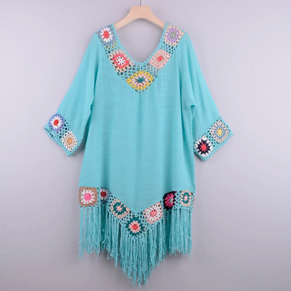 CROCHET BIKINI-White Bikini Cover Up with Fringe Trim for Women, Sexy Hollow Tunic Beach Dress, Summer Bathing Suit, Beachwear