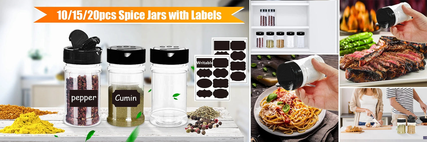 4/10/15/20pcs Spice Jars with Labels Plastic Transparent Spice Bottle Containers for Spice Pepper Salt Cocina Kitchen Spice Jar