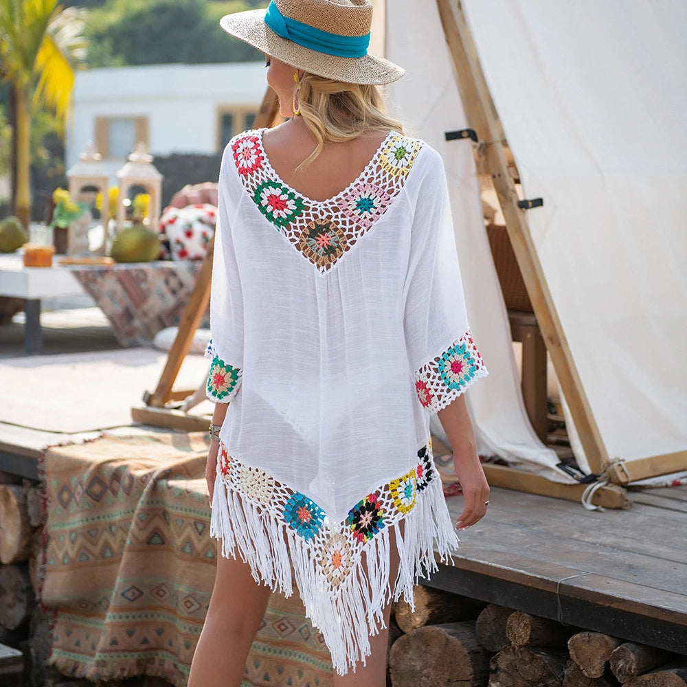 CROCHET BIKINI-White Bikini Cover Up with Fringe Trim for Women, Sexy Hollow Tunic Beach Dress, Summer Bathing Suit, Beachwear