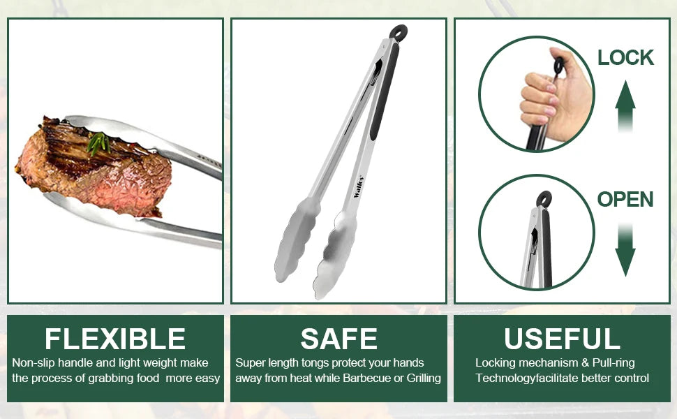 WALFOS BBQ Grilling Tong Salad Serving Food Tong Stainless Steel Metal Kitchen Tongs Barbecue Cooking Locking Tong Food BBQ Clip