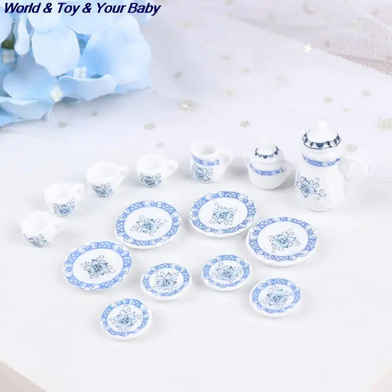 15Pcs 1:12 Miniature Porcelain Tea Cup Set Chintz Flower Tableware Kitchen Dollhouse Furniture Toys For Children