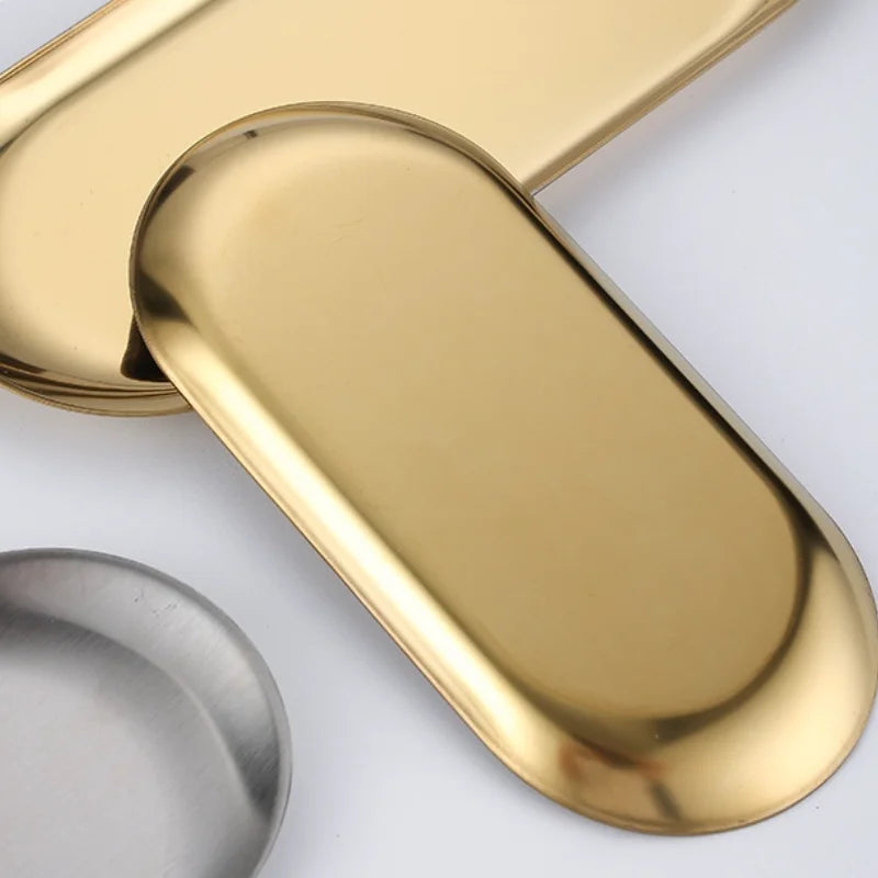 Stainless Steel European Jewelry Storage Tray Metal Cosmetic Storage Oval Cake Fruit Dessert Tray Snack Plate Kitchen Organizer