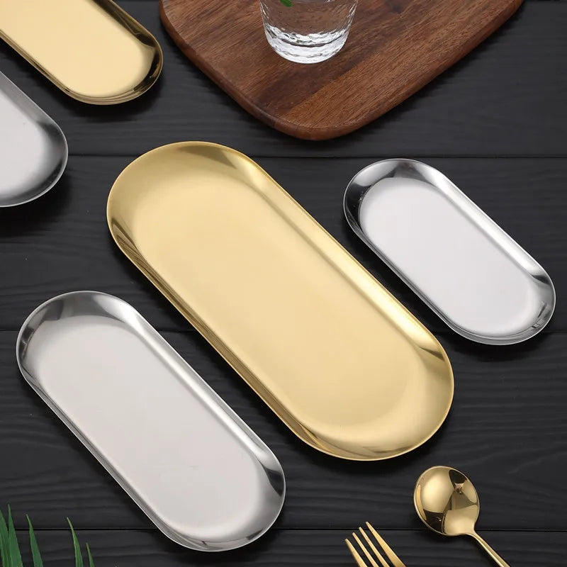 Stainless Steel European Jewelry Storage Tray Metal Cosmetic Storage Oval Cake Fruit Dessert Tray Snack Plate Kitchen Organizer