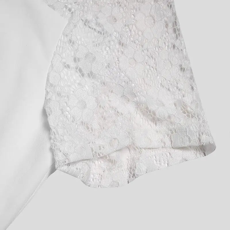 INCERUN Men Shirt Lace Mesh Patchwork Lapel Short Sleeve Streetwear See Through Sexy Camisas Summer 2024 Party Men Clothing