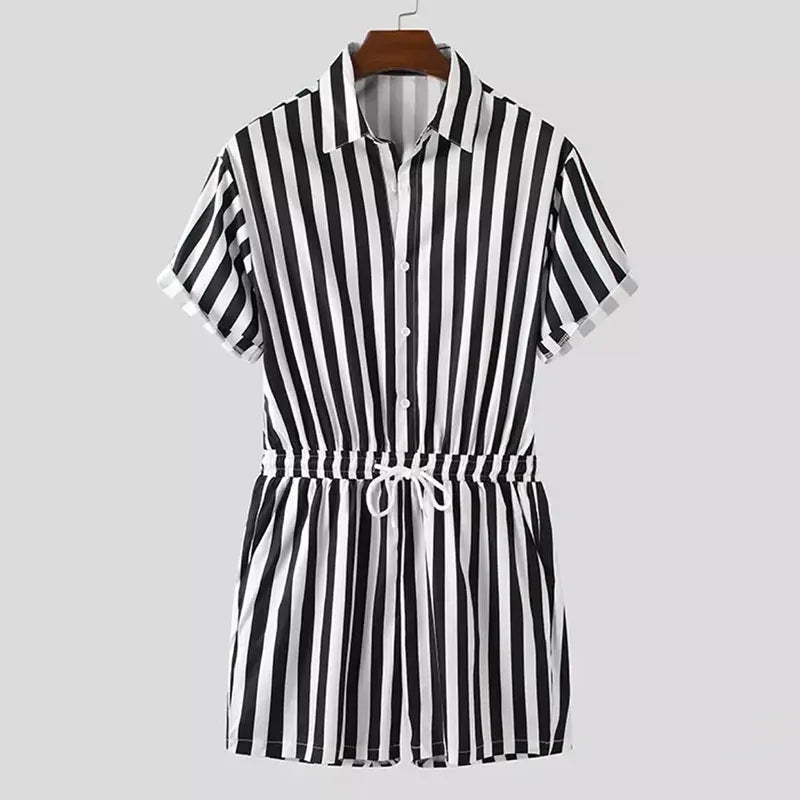 Men's Striped Romper Shorts Fashion Casual Playsuit Short Sleeve Button-down Shorts Lapel Jumpsuit Drawstring Streetwear S-3XL