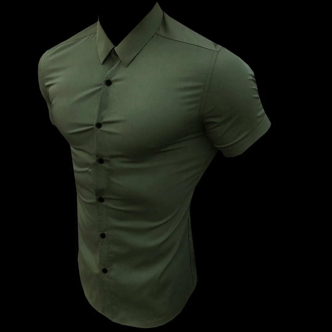 Summer Fashion Man Short Sleeve Shirt Solid Fitness Mens Turn-down Collar Super Slim Fit Business Dress Shirt Button Gym Tops