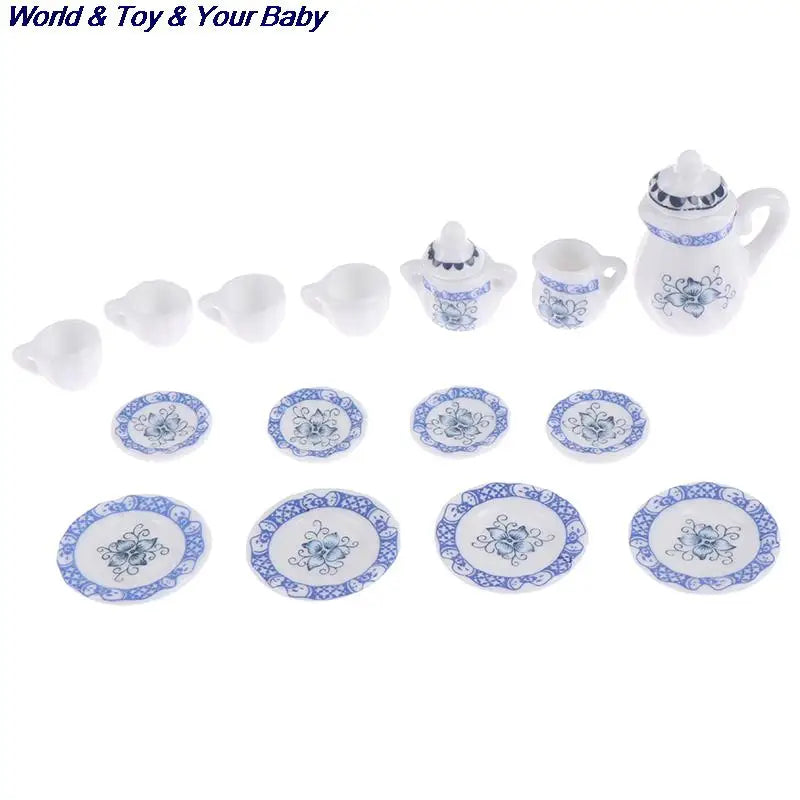 15Pcs 1:12 Miniature Porcelain Tea Cup Set Chintz Flower Tableware Kitchen Dollhouse Furniture Toys For Children