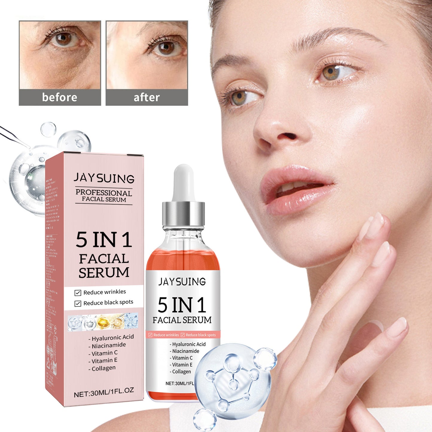 5 In 1 Facial Serum Fade Fine Lines Firming Skin Shrink Pores Moisturizing Brightning Vitamin C Hyaluronic Acid Face Serum