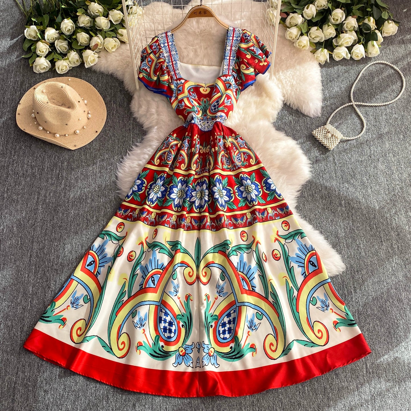 2024 New Summer Women Sexy Slash Neck Short Sleeve Slim Long Dress Fashion Vintage Print Ruffles Floral Maxi Pleated Vestidos