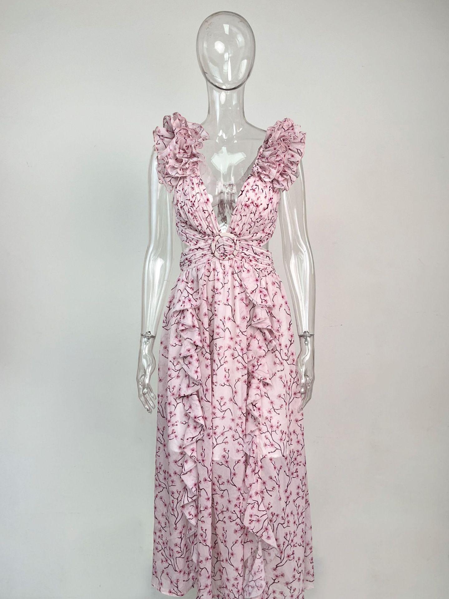 Summer Vacation Sexy Print Long Dress Deep V-Neck Backless Slim Fit Ruffled Floral Dress