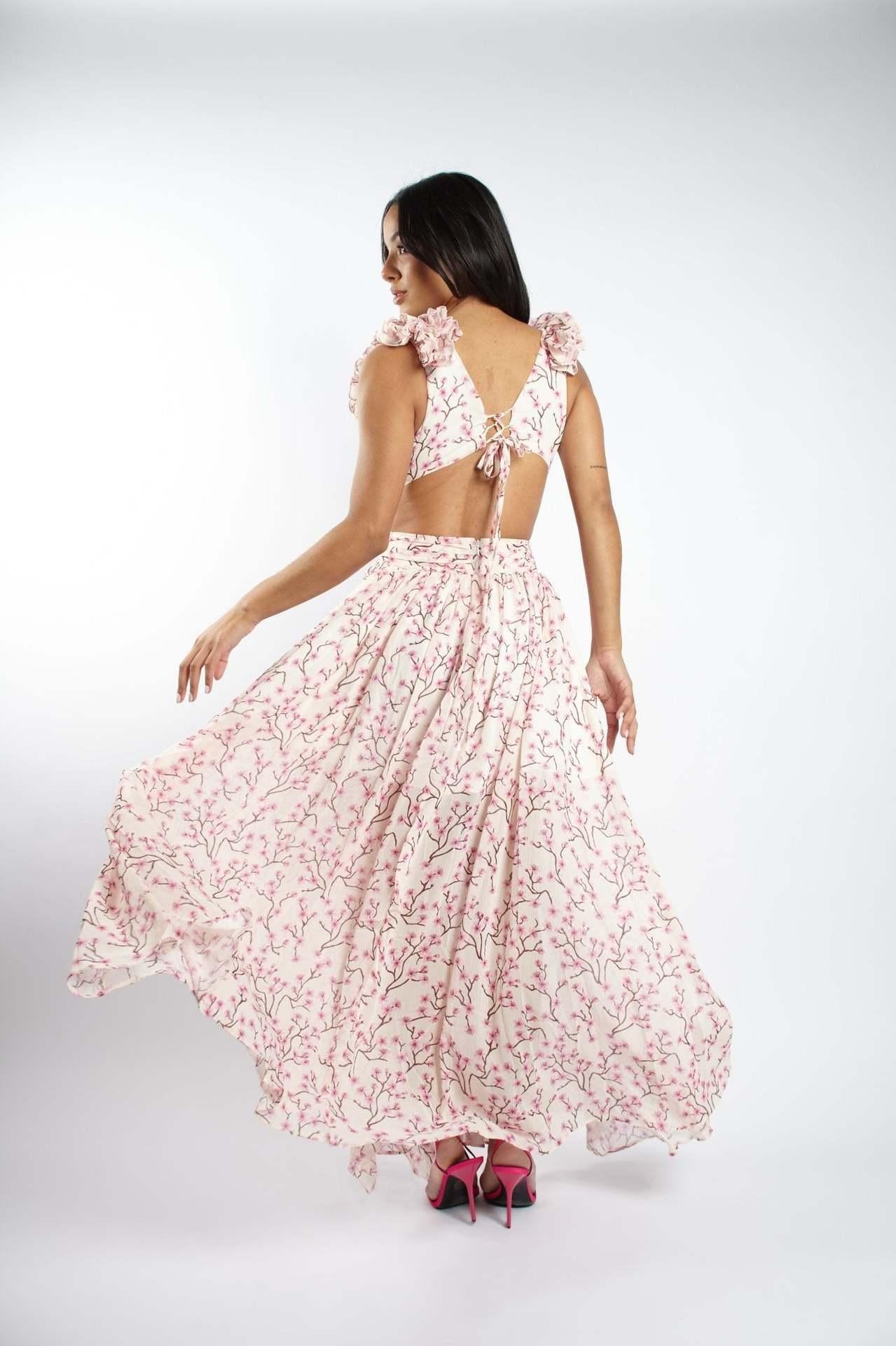 Summer Vacation Sexy Print Long Dress Deep V-Neck Backless Slim Fit Ruffled Floral Dress