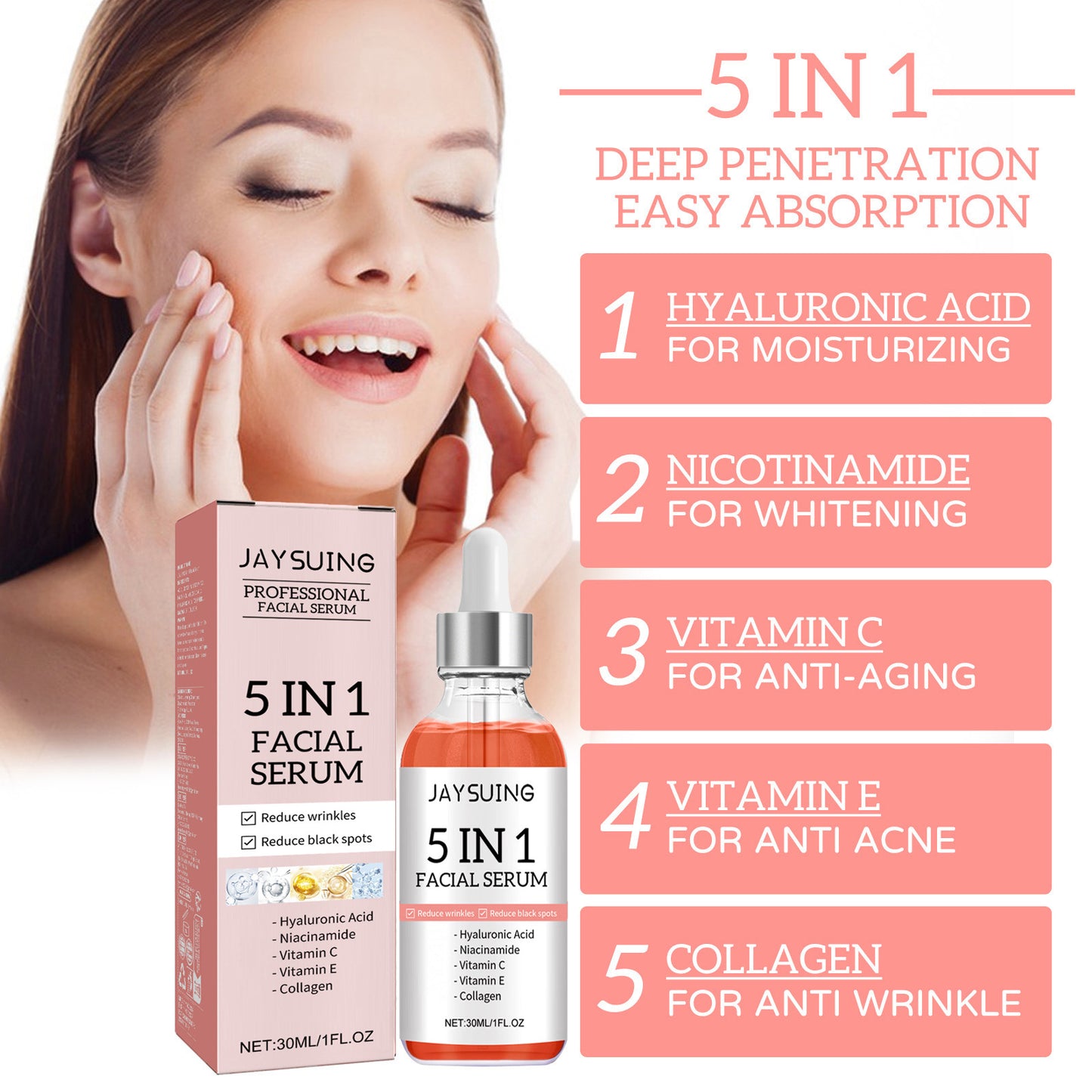 5 In 1 Facial Serum Fade Fine Lines Firming Skin Shrink Pores Moisturizing Brightning Vitamin C Hyaluronic Acid Face Serum