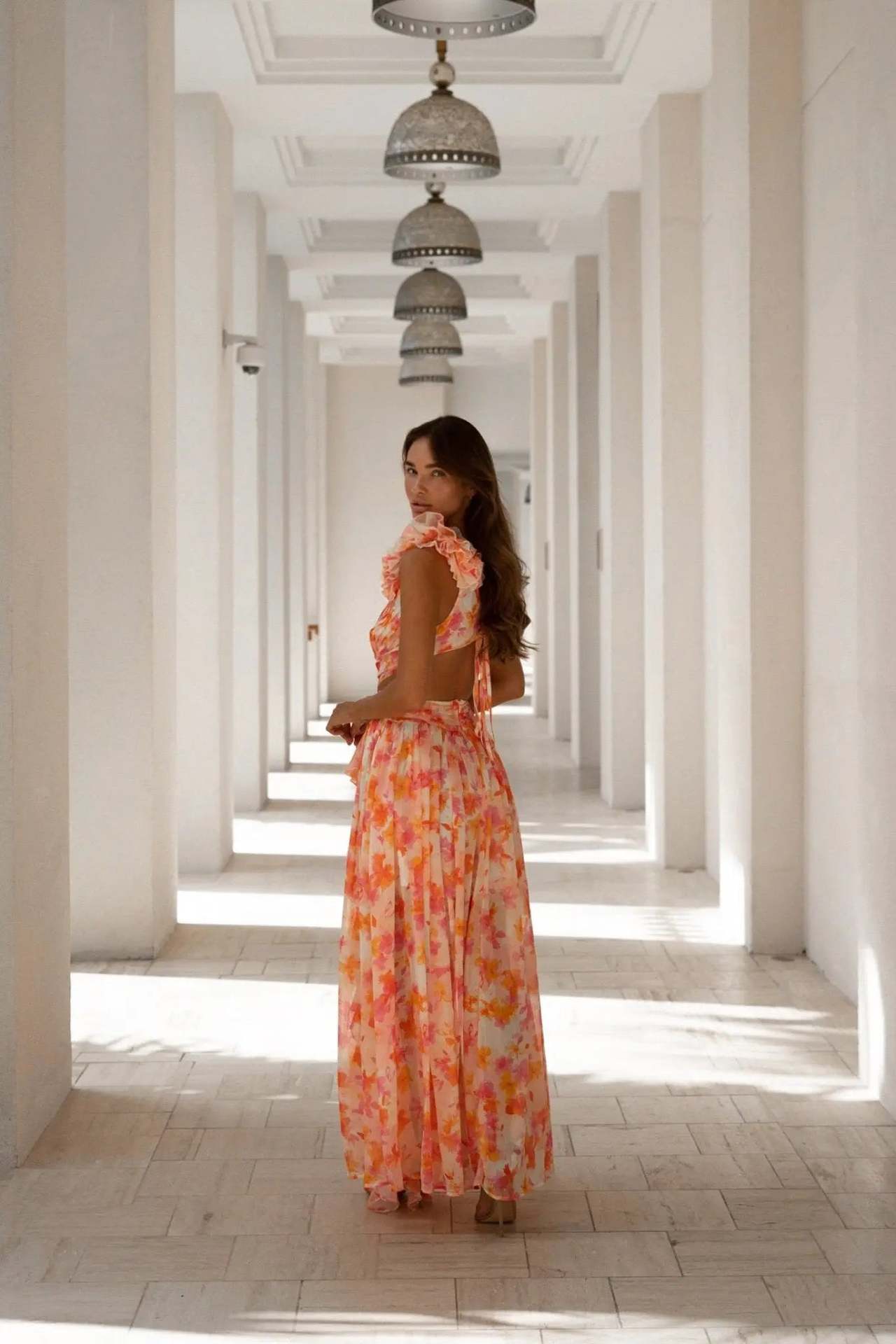 Summer Vacation Sexy Print Long Dress Deep V-Neck Backless Slim Fit Ruffled Floral Dress