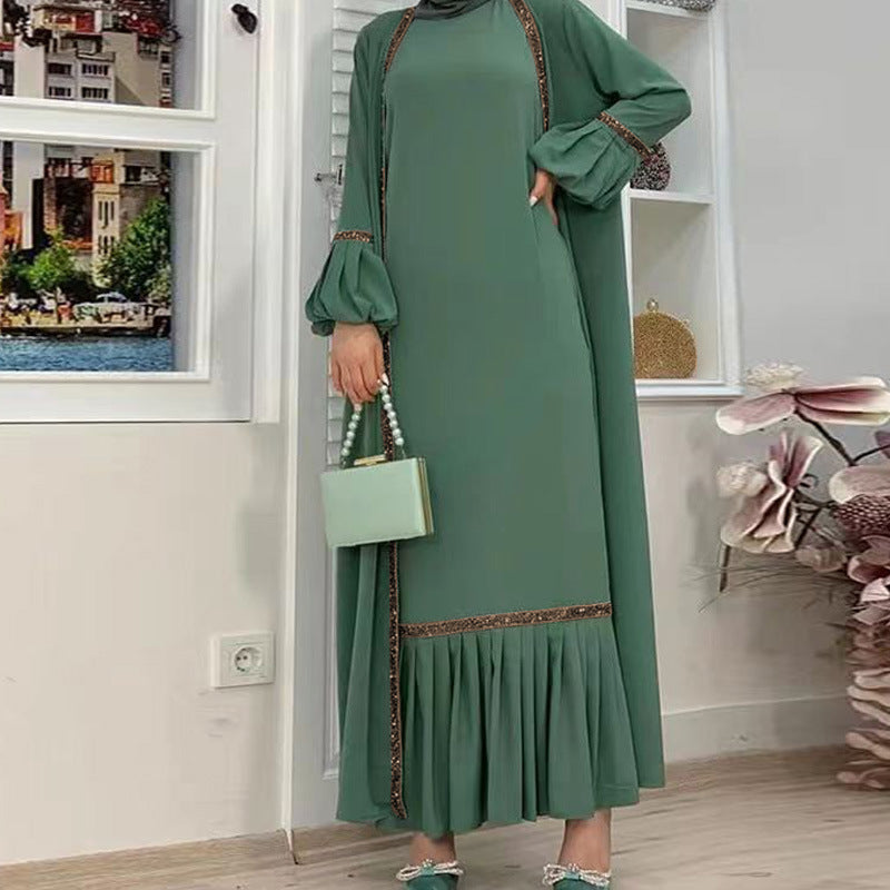 Muslim Women Hijab Dress 2 Piece Set Eid Lantern Sleeve Maxi Long Dress Islamic Clothing Caftan Kimono Big Swing Abaya Dresses