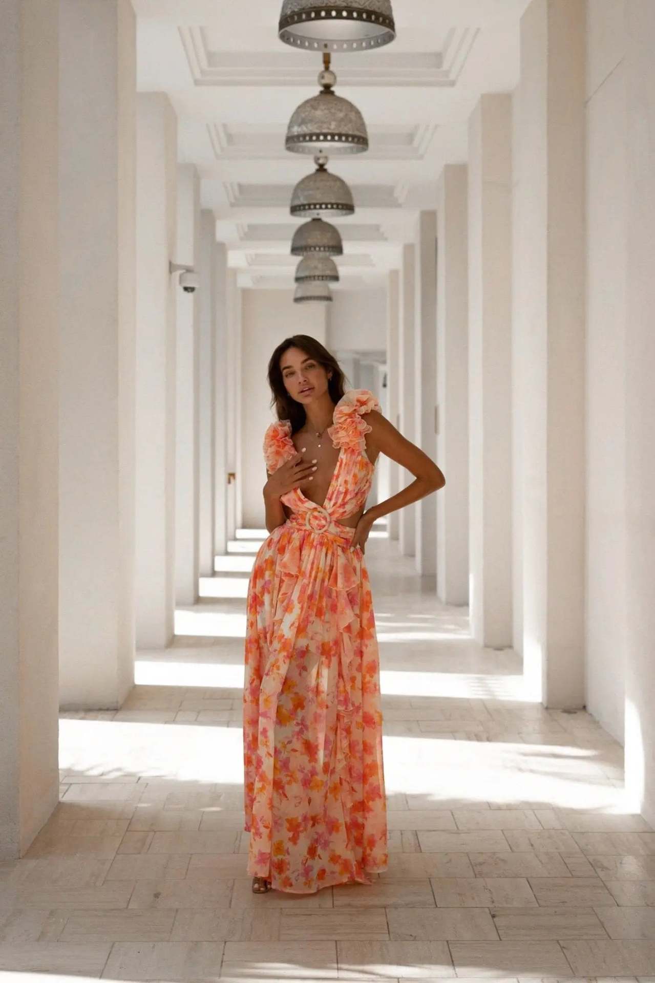 Summer Vacation Sexy Print Long Dress Deep V-Neck Backless Slim Fit Ruffled Floral Dress