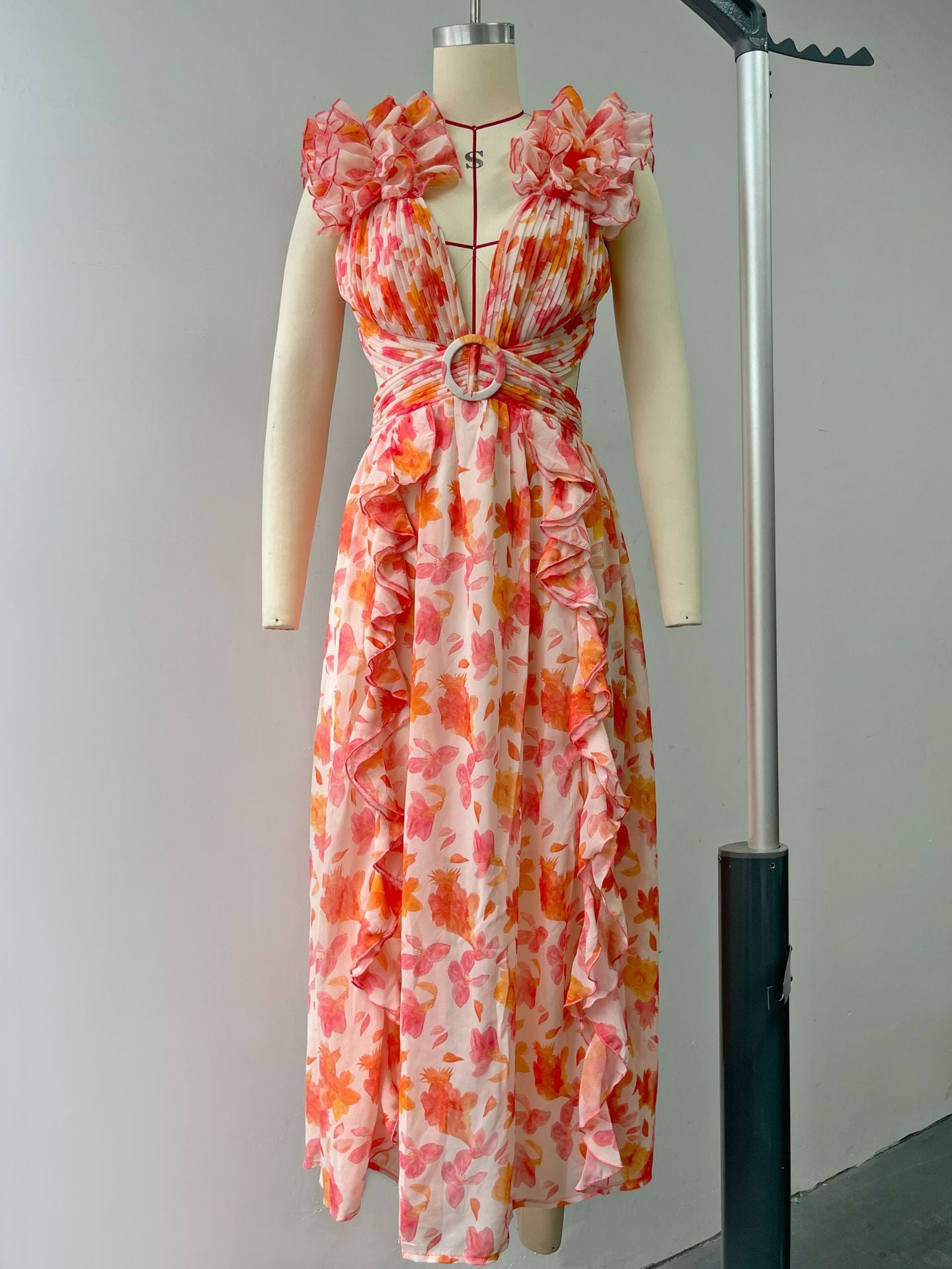 Summer Vacation Sexy Print Long Dress Deep V-Neck Backless Slim Fit Ruffled Floral Dress