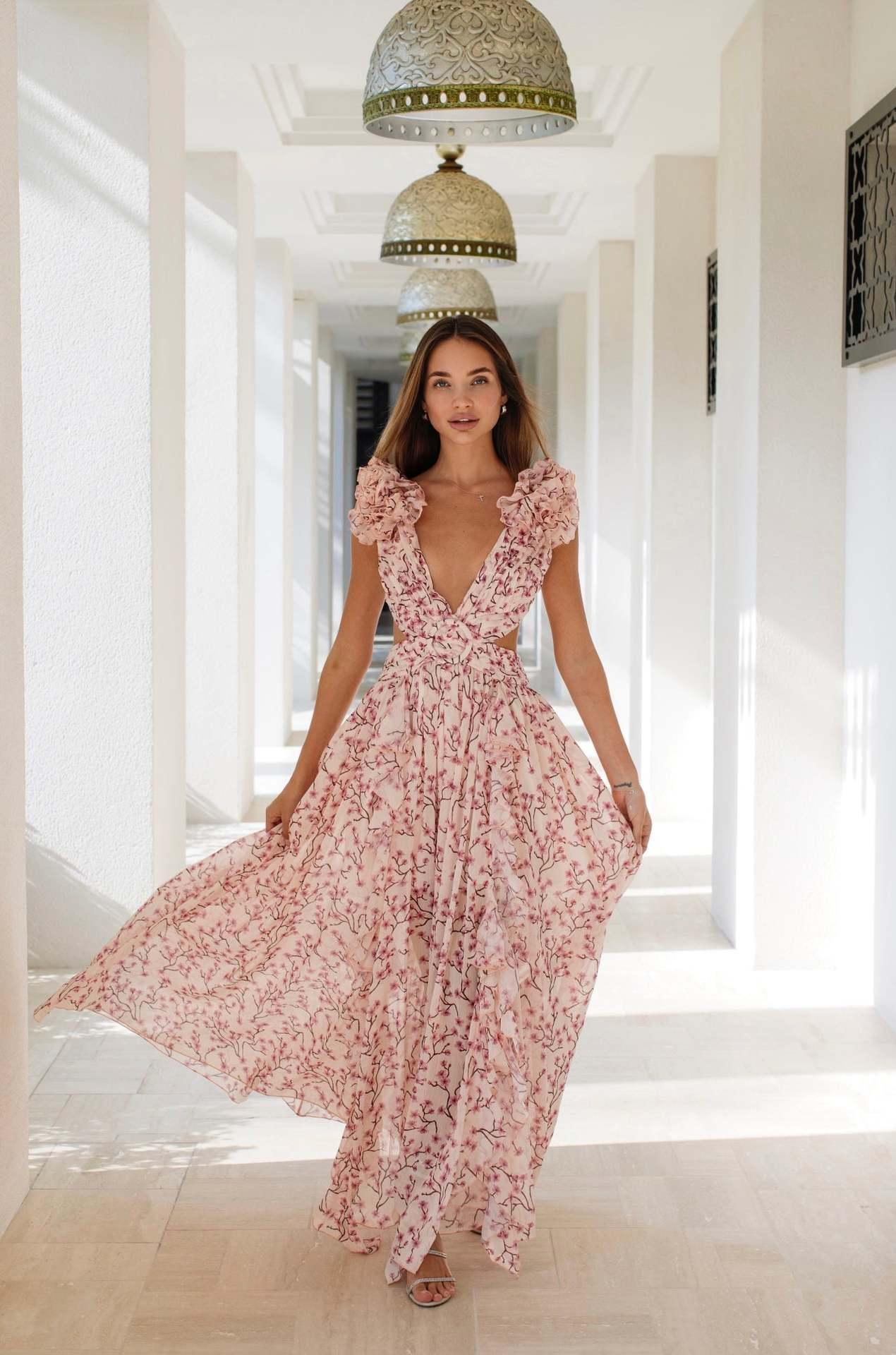 Summer Vacation Sexy Print Long Dress Deep V-Neck Backless Slim Fit Ruffled Floral Dress
