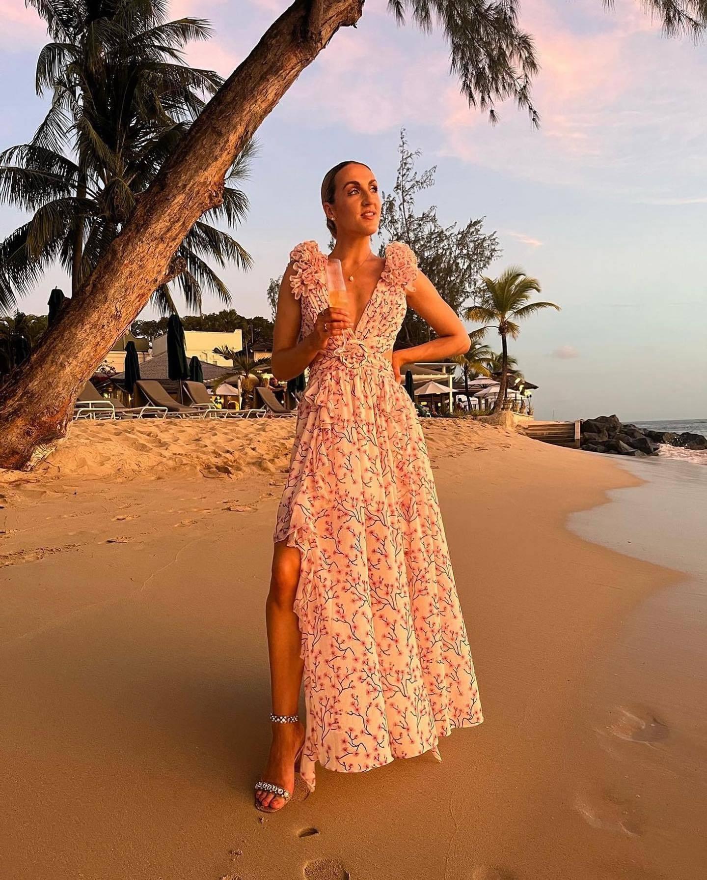 Summer Vacation Sexy Print Long Dress Deep V-Neck Backless Slim Fit Ruffled Floral Dress