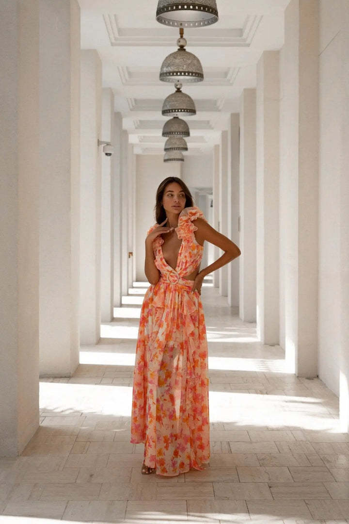 Summer Vacation Sexy Print Long Dress Deep V-Neck Backless Slim Fit Ruffled Floral Dress