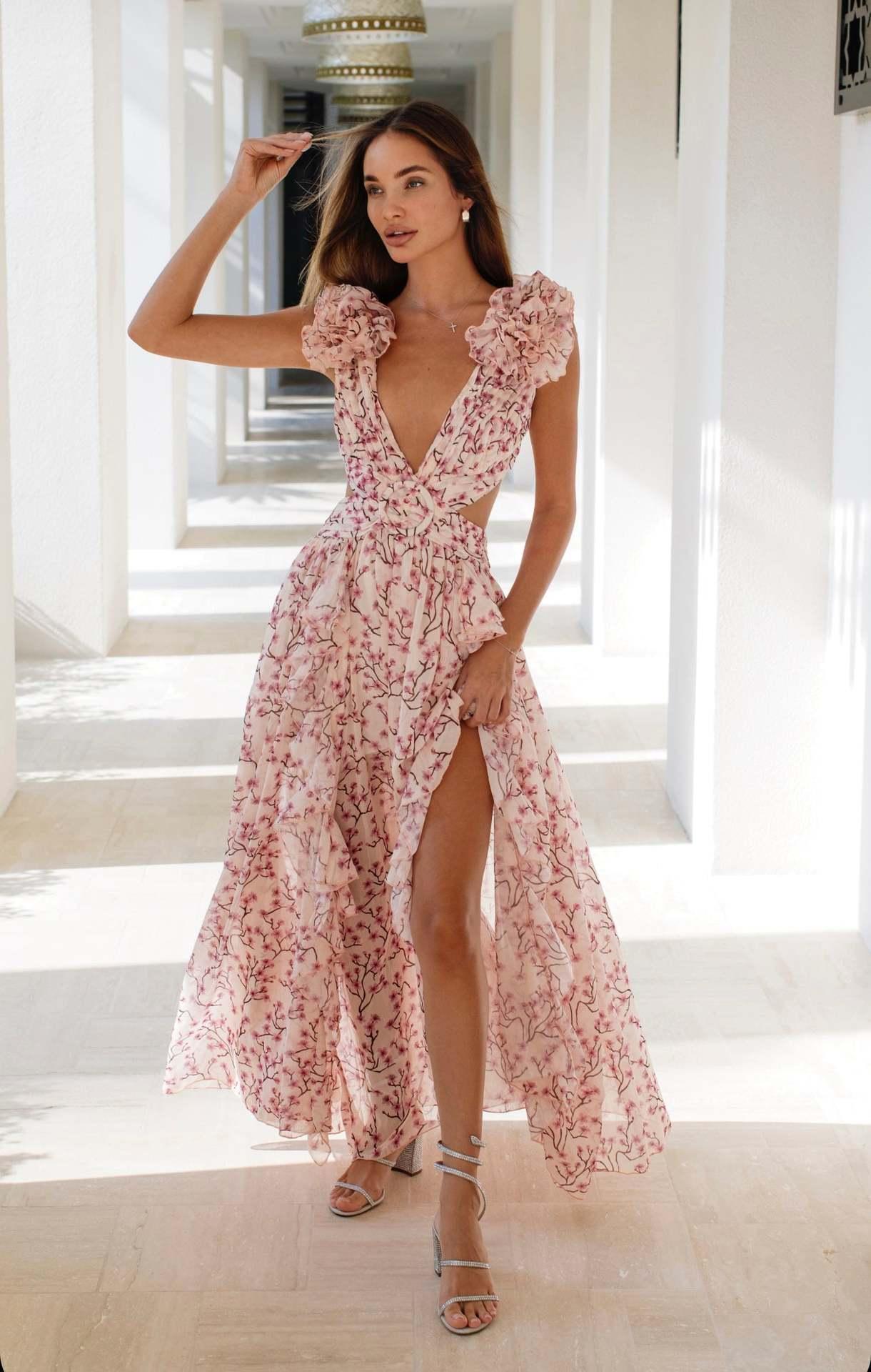 Summer Vacation Sexy Print Long Dress Deep V-Neck Backless Slim Fit Ruffled Floral Dress