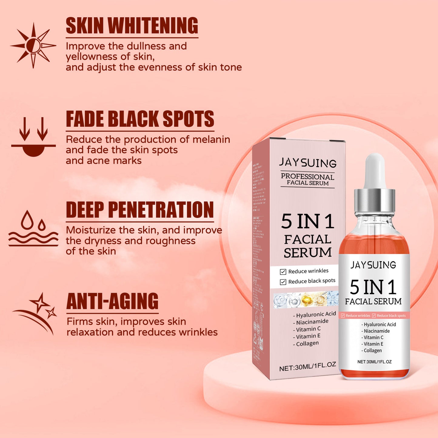 5 In 1 Facial Serum Fade Fine Lines Firming Skin Shrink Pores Moisturizing Brightning Vitamin C Hyaluronic Acid Face Serum