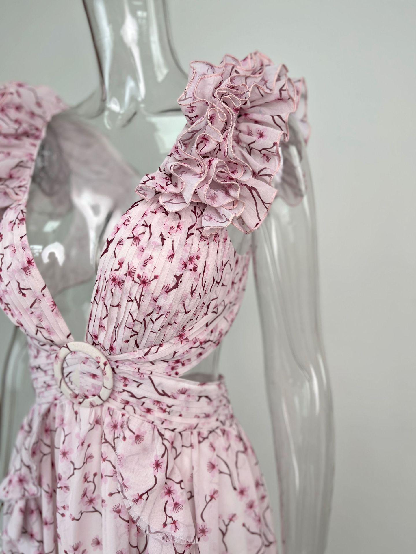 Summer Vacation Sexy Print Long Dress Deep V-Neck Backless Slim Fit Ruffled Floral Dress
