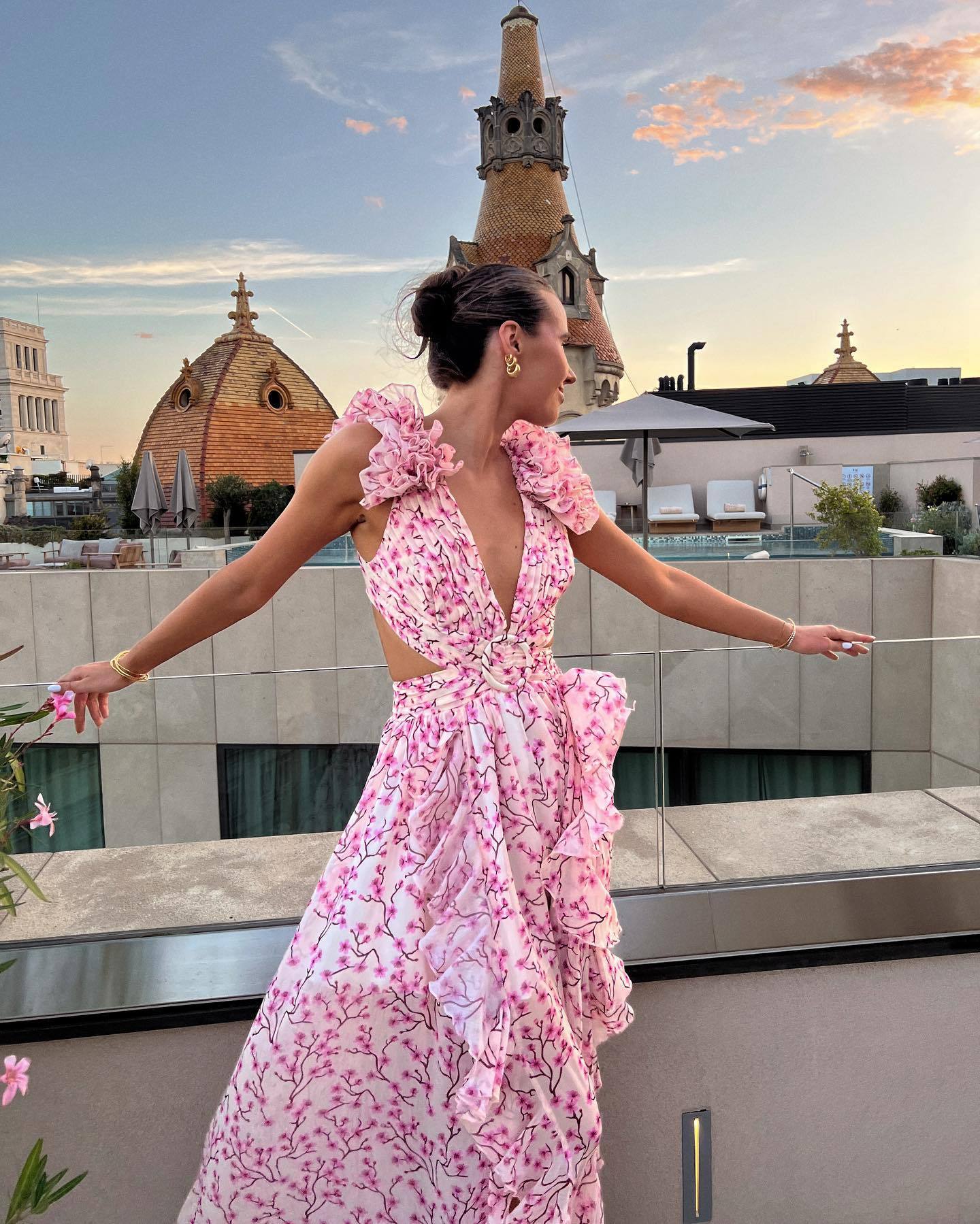 Summer Vacation Sexy Print Long Dress Deep V-Neck Backless Slim Fit Ruffled Floral Dress