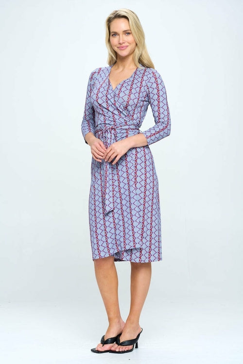 Print V neck Jersey Wrap Dress with Tie