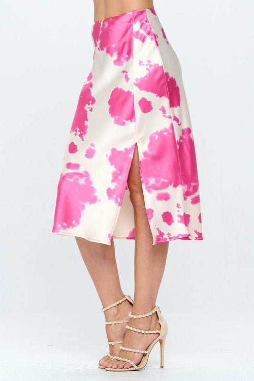 Cow Print Satin Midi Skirt with Slit