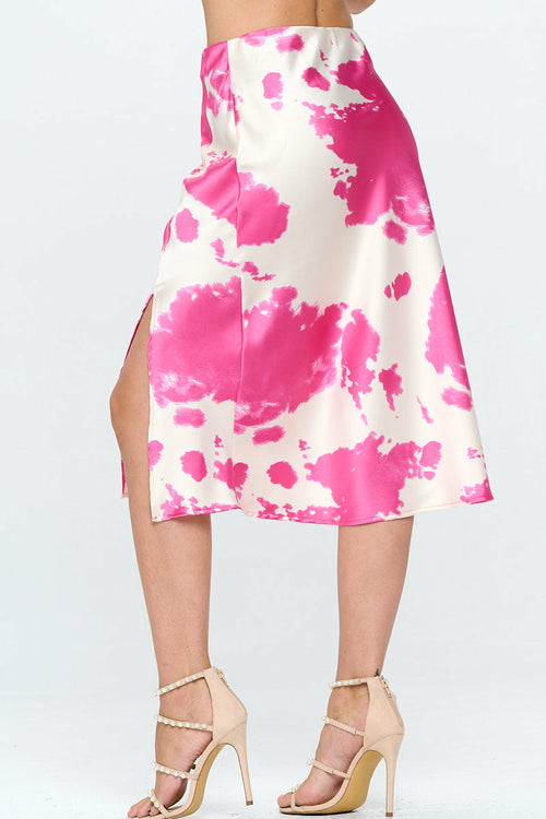 Cow Print Satin Midi Skirt with Slit