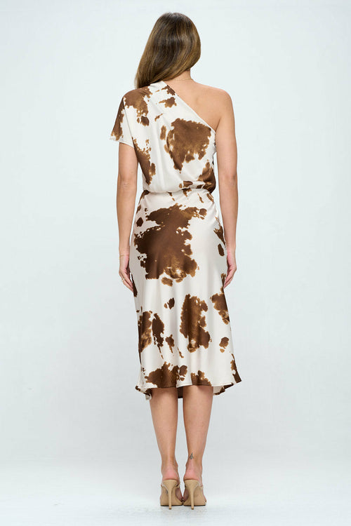 Cow Print Stretch Satin One Shoulder Dress