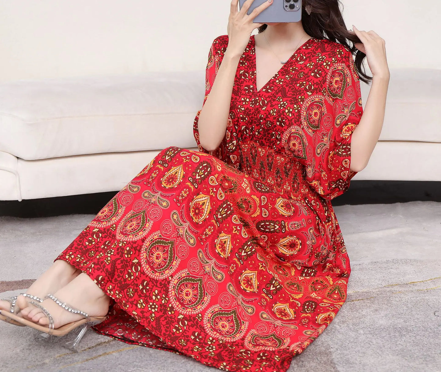 V-neck Large Skirt Hem Casual Sweet Holiday Long Dress Bat Sleeves Elastic Waist Bohemian Print Floral Elegant Dresse For Women