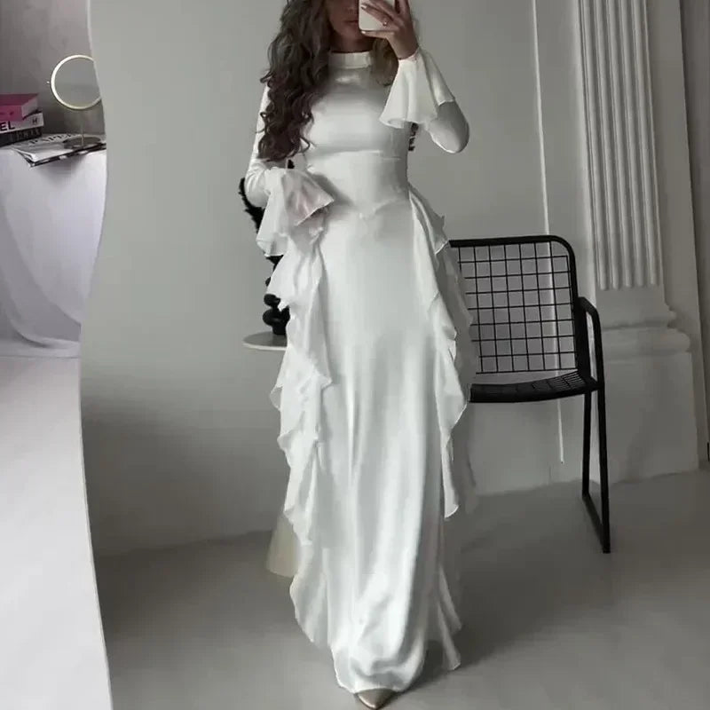 Women High Collar Flare Sleeve Ruffles Long Dress Sexy White Long Sleeves Lace-up Slim Dresses Elegant Evening Party Runway Club