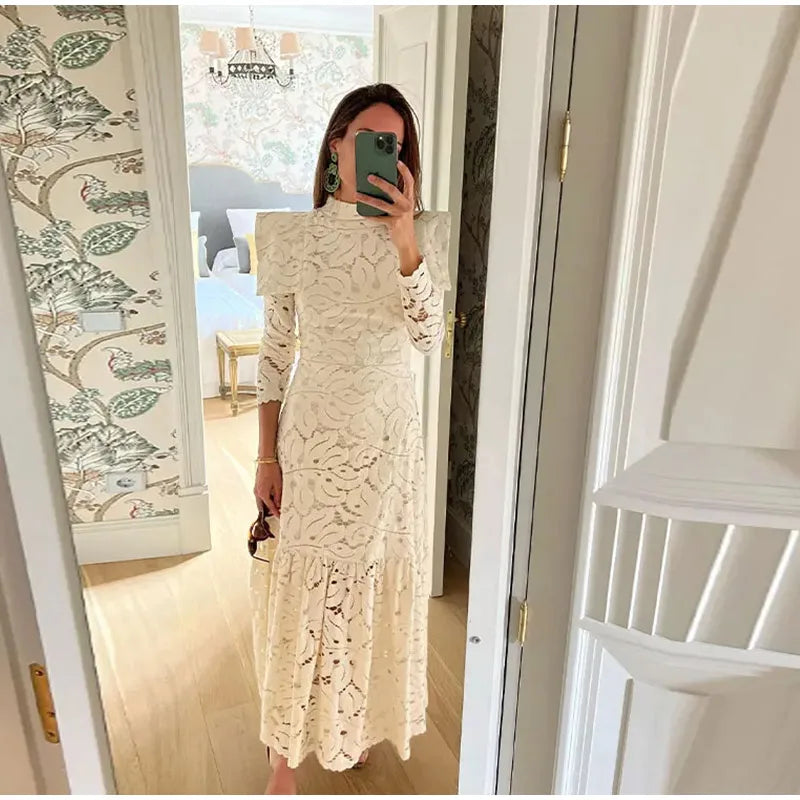 Elegant Lace Hollow Out Long Dress Women High Collar Long Sleeve Slim Solid Dresses 2025 Spring Summer Patchwork Lady Party Robe