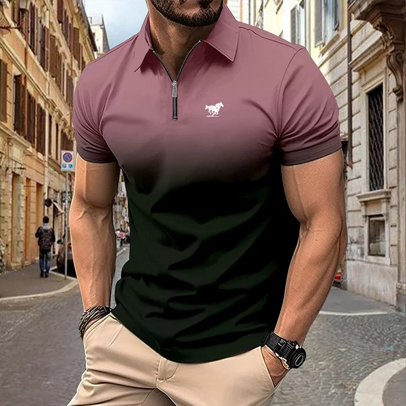 Men Clothes Summer Slim Fit Short Sleeve Fashion Gradient Color Lapel Polo Shirt Men Fashion Golf Zipper Tops Comfortable Polo