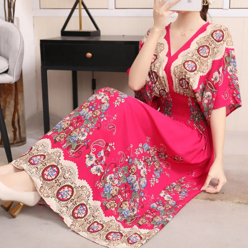 V-neck Large Skirt Hem Casual Sweet Holiday Long Dress Bat Sleeves Elastic Waist Bohemian Print Floral Elegant Dresse For Women