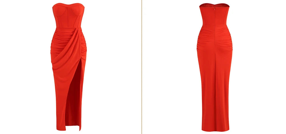 Summer New  women's Sexy breast wrapping，backless Dress, Red Wrinkled Hem Split Party ceremonial dress Long， Dress