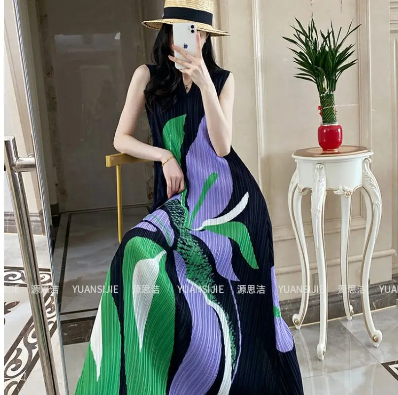 Pleated Geometric Diamond Summer Women French Casual Printing Holiday Style V-neck Sleeveless Loose Texture Forking Long Dress