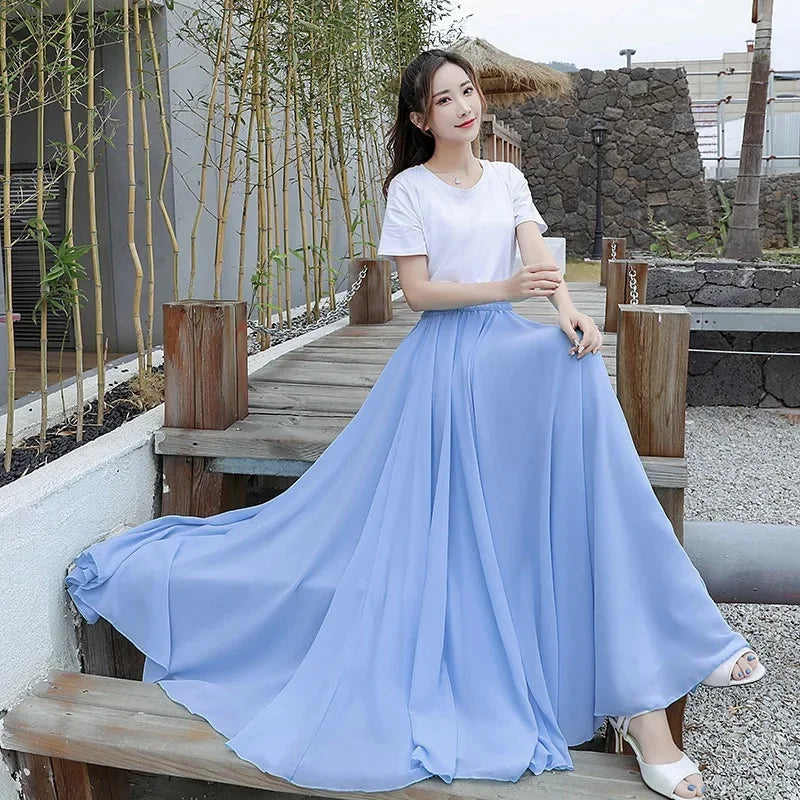 720 Degree Wide Dancing Skirt Chiffon Double Layer Semi-Long Dress Women's Solid Color Xinjiang Dance Skirt