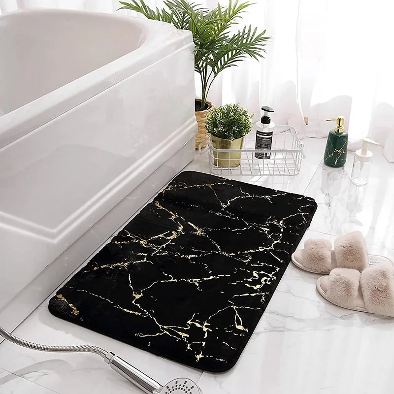 Inyahome Bath Mats for Bathroom Luxury White and Gold Non Slip and Soft Bathroom Rug Absorbent Bath Rug Decor for Kitchen Indoor