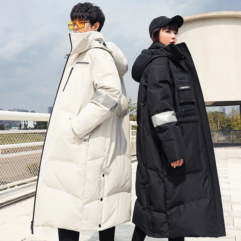 Gmiixder 2023 New Over Knee Down Coat Men's Mid Length Couple Thickened Multi Pocket Parkas Youth Work Wear Winter Long Jacket