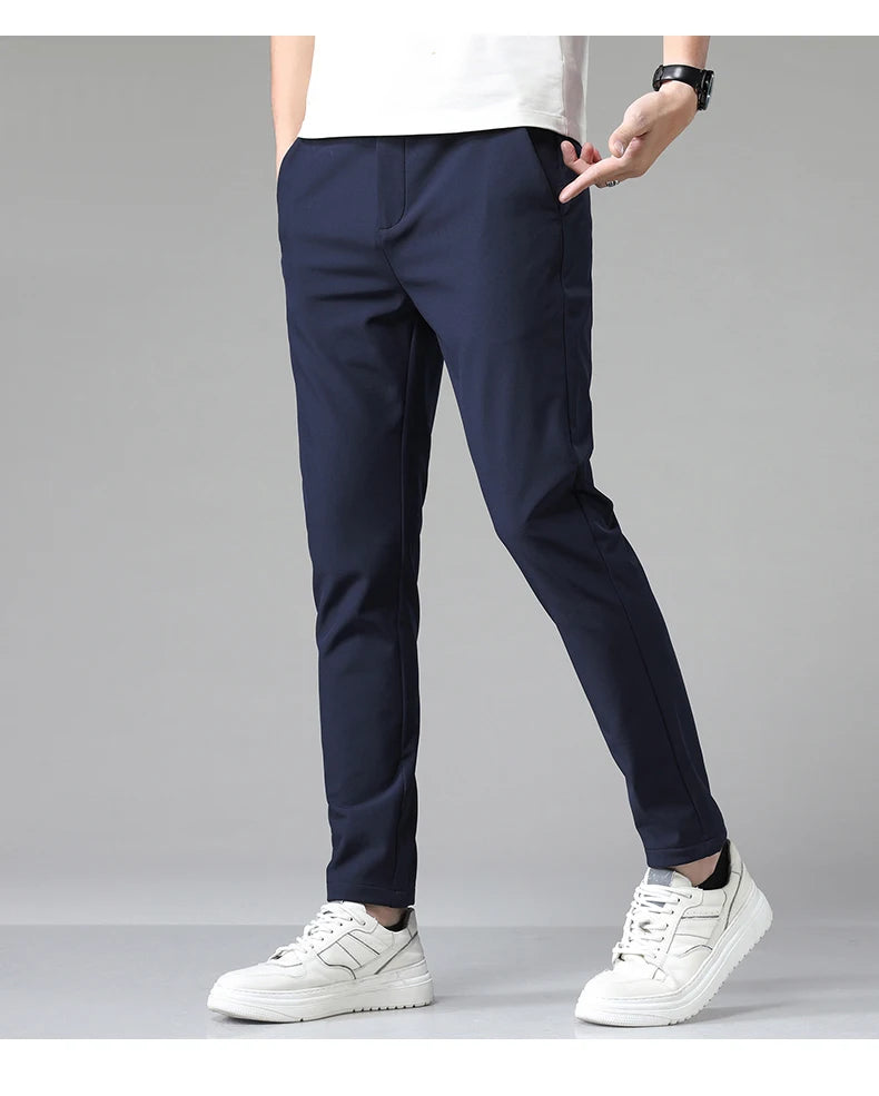 Summer Men's Casual Pants Thin Business Stretch Slim Fit Elastic Waist Jogger Korean Classic Blue Black Gray Brand Trousers Male