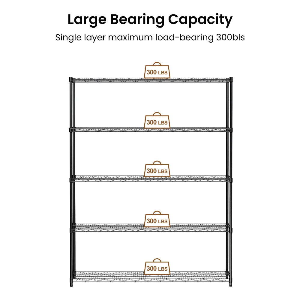 Warehouse supermarket kitchen other 5-layer heavy-duty adjustable shelves with wheels  adjustable feet  frame bearing 300 pounds