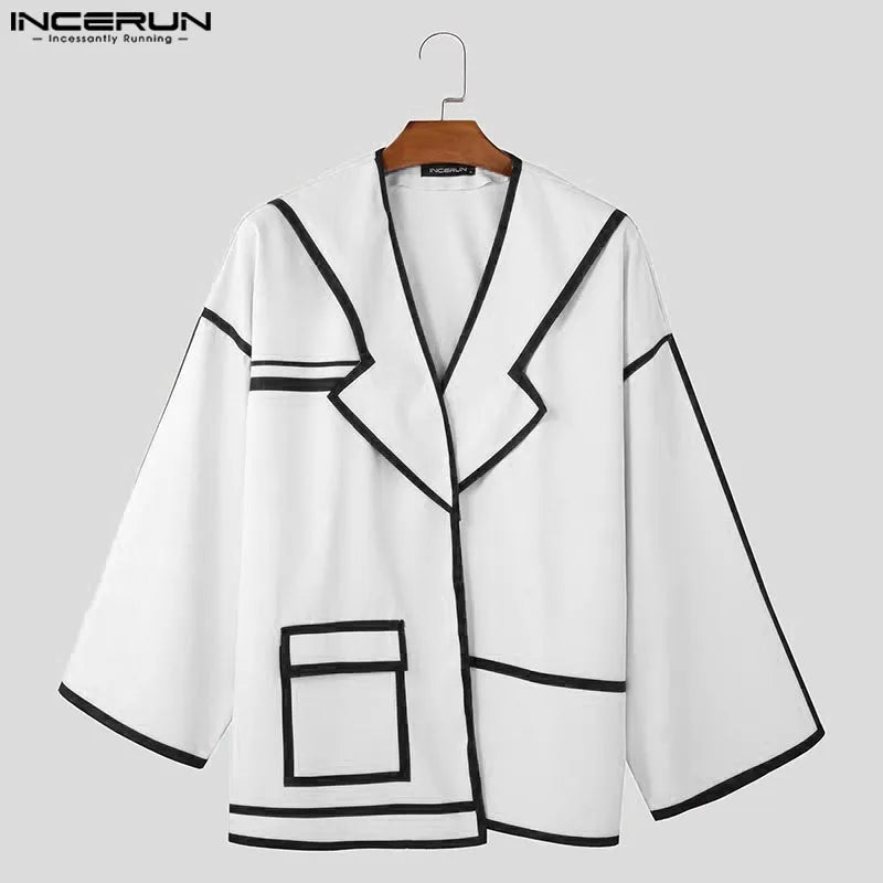 INCERUN Tops 2025 Fashion New Men Patchwork Lines Personality Suit Coat Casual City Walk Male Hot Sale Loose Long Sleeved Blazer