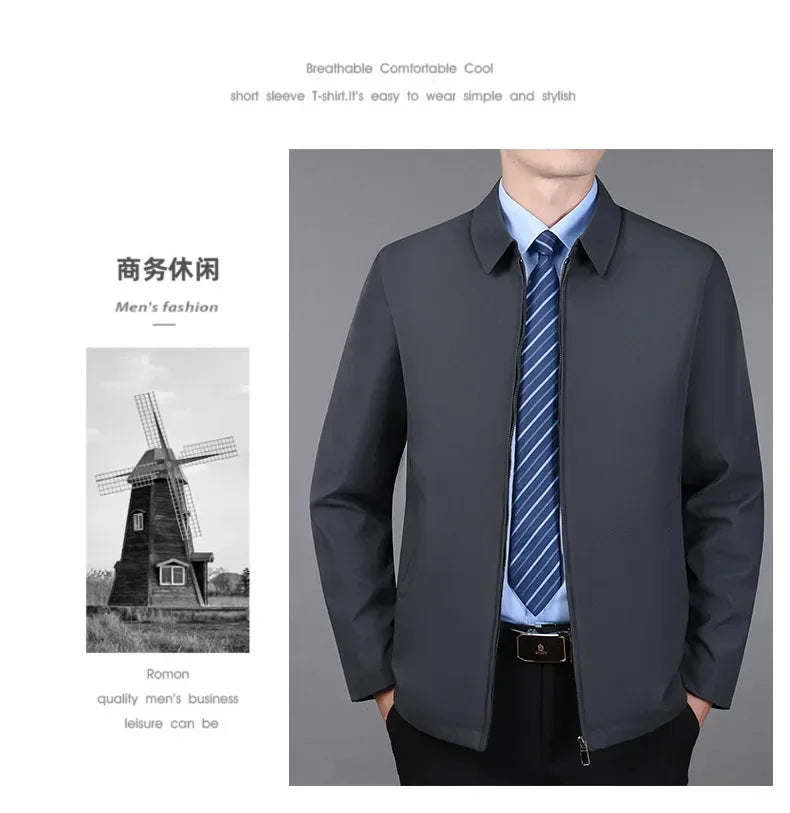 Men Business Jacket Parkas Mid-aged Men's Lapel Jacket with Zipper Pockets for Formal Business or Casual Wear in Autumn Winter
