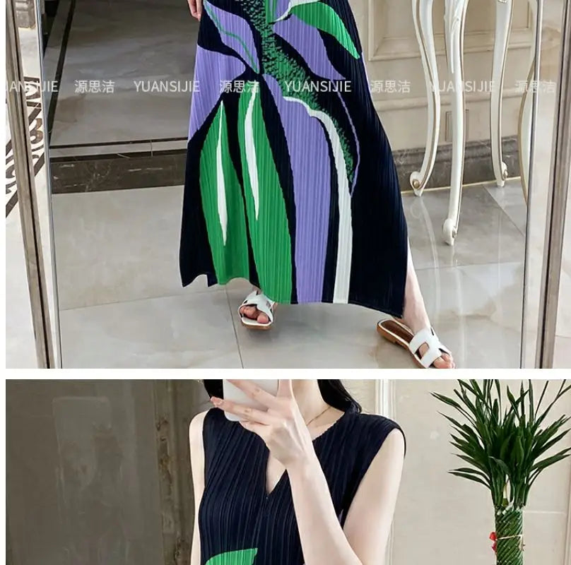 Pleated Geometric Diamond Summer Women French Casual Printing Holiday Style V-neck Sleeveless Loose Texture Forking Long Dress