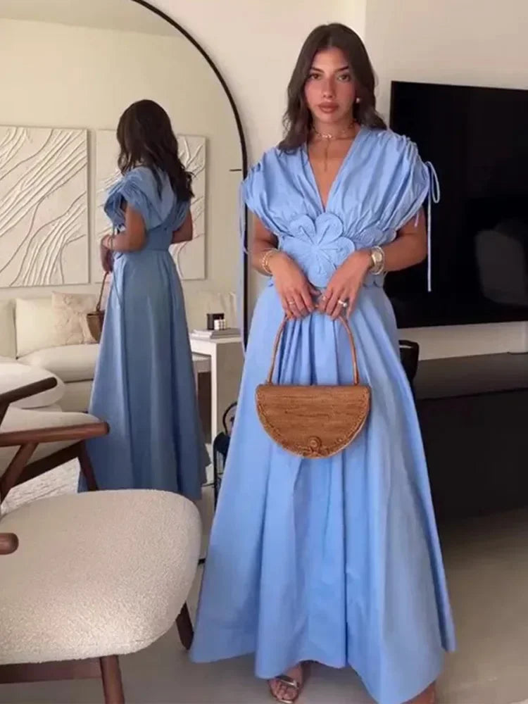 Women Blue V-neck Waist Strap Three-dimensional Flower Bow High Waist Long Dress