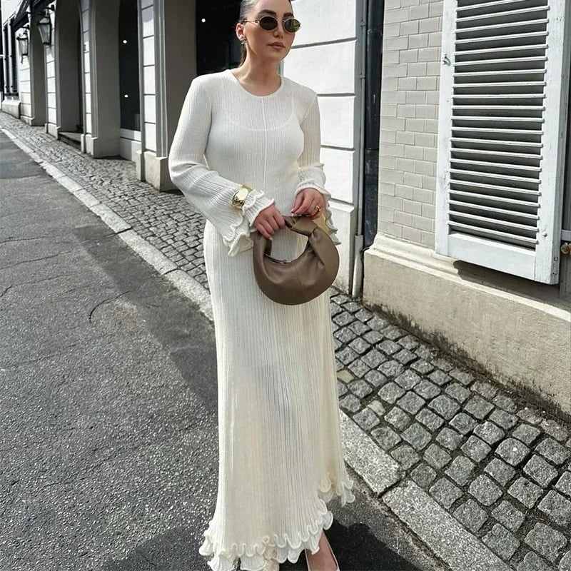 Fashion Ruffled Hem Knitted Long Dress Women Sexy O Neck Flare Long Sleeve Backless Lace Up Slim Dresses Female Vacation Robes