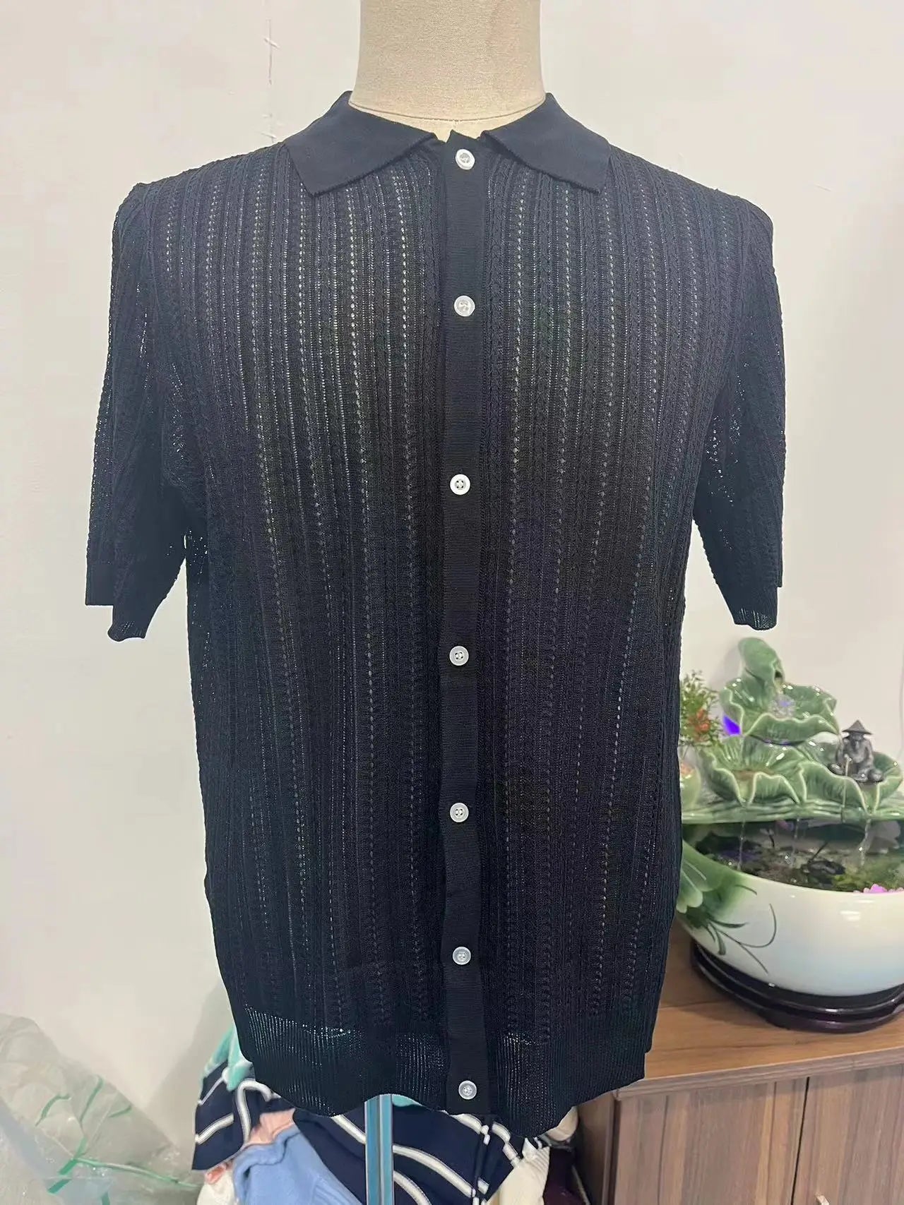 Summer Men's Casual Shirt Breathable Hollow Out Knit Shirt Short Sleeve Lapel Lightweight Top for Men European  American Loose