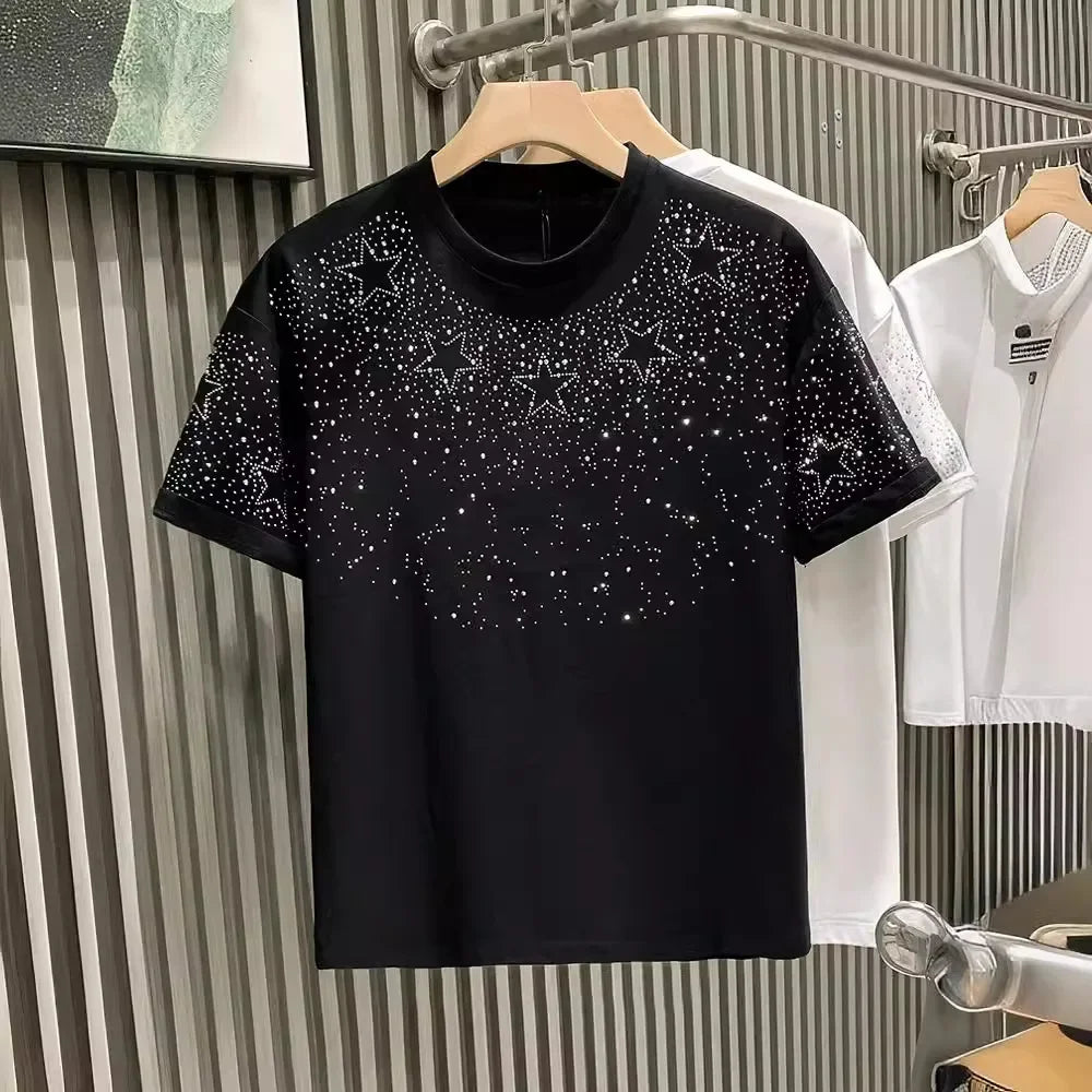 Fashionabletrendy European Style Luxury Men's Short Sleeve T-shirt Star Embroidery Network Red Hot Sell Niche Half Sleeve Tee
